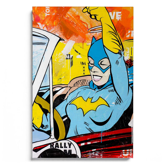 Doing Allright von Michiel Folkers – Pop Art Leinwandbild mit dynamischer Comicfigur im Collage-Stil ohne Rahmen