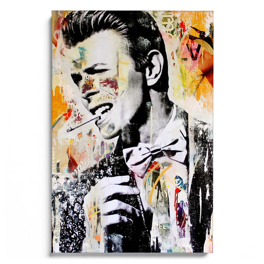 Don’t Let Me Stay von Michiel Folkers – Pop Art Leinwandbild mit James Dean Portraitdarstellung im Collage-Stil ohne Rahmen