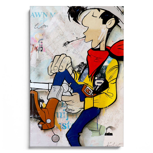 Feelin’ Lucky von Michiel Folkers – Pop Art Leinwandbild mit Lucky Luke im Collage-Stil ohne Rahmen