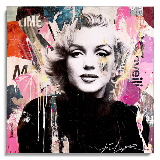 I Devy Gravity von Michiel Folkers – Pop Art Leinwandbild mit ikonischer schwarz-weißer Marylin Monroe Collage ohne Rahmen