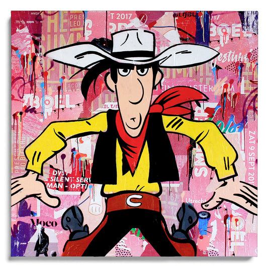 Lucky Long Way From Home von Michiel Folkers – Pop Art Leinwandbild mit Lucky Luke im farbintensiven Collage-Stil ohne Rahmen