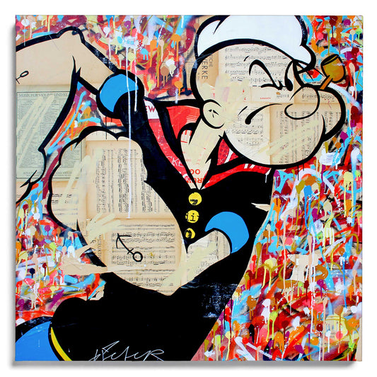 Popeye von Michiel Folkers – Pop Art Leinwandbild mit Popeye im farbintensiven Collage-Stil ohne Rahmen