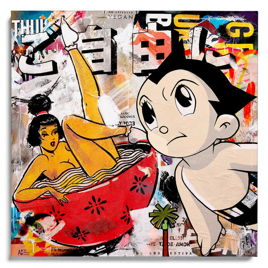 Bunte Pop-Art-Collage mit Astro Boy und retro-inspirierter Pin-up-Figur in einer roten Schale