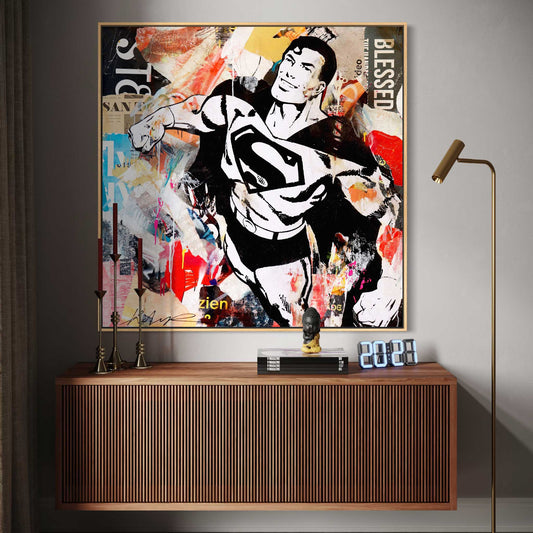 Flying for Justice von Michiel Folkers als Pop Art Leinwandbild in modernem Wohnzimmerinterior