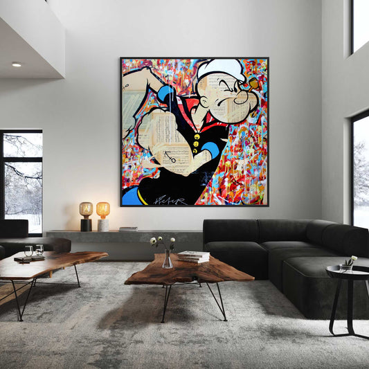 Popeye von Michiel Folkers – Pop Art Leinwandbild mit Popeye als auffällige Wanddekoration im Wohnraum