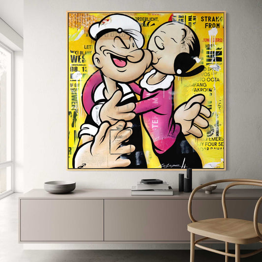 Farbenfrohes Pop-Art-Leinwandbild mit Popeye und Olivia als Wanddekoration im Wohnraum