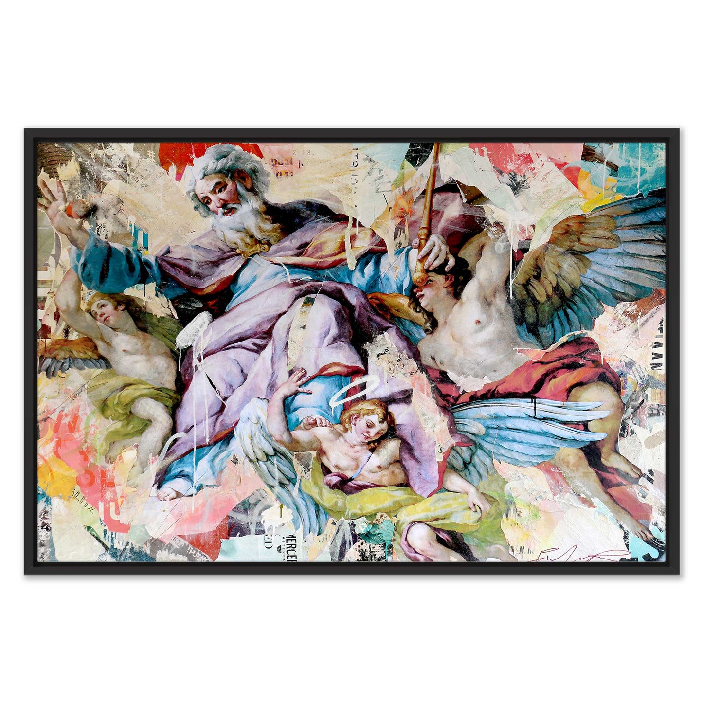 Klassisch-barocke Engelszene mit modernen Collageelementen im schwarzen Schattenfugenrahmen