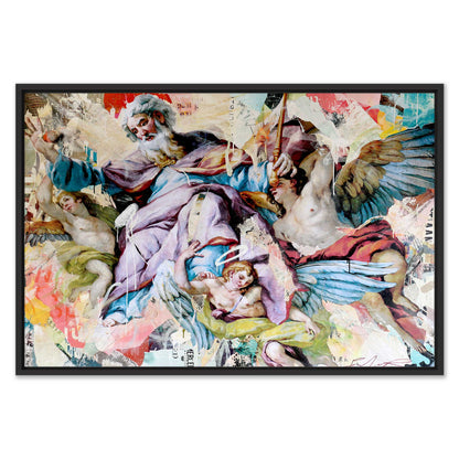 Klassisch-barocke Engelszene mit modernen Collageelementen im schwarzen Schattenfugenrahmen