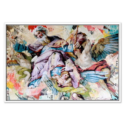 Farbenfrohe Himmels- und Engelcollage im weißen Schattenfugenrahmen