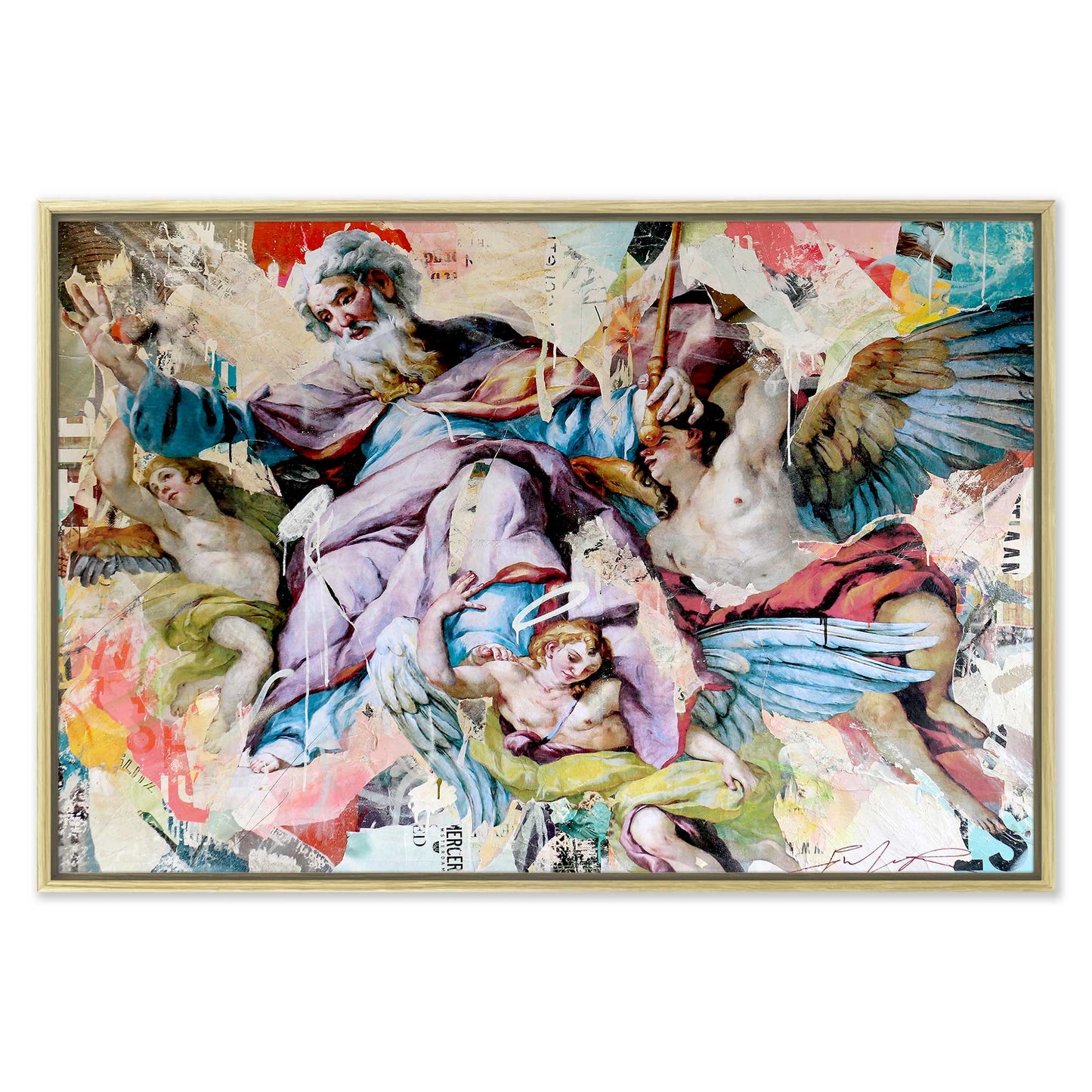 Engelsdarstellung im barocken Stil mit modernen Collageakzenten im naturfarbenen Holz-Schattenfugenrahmen