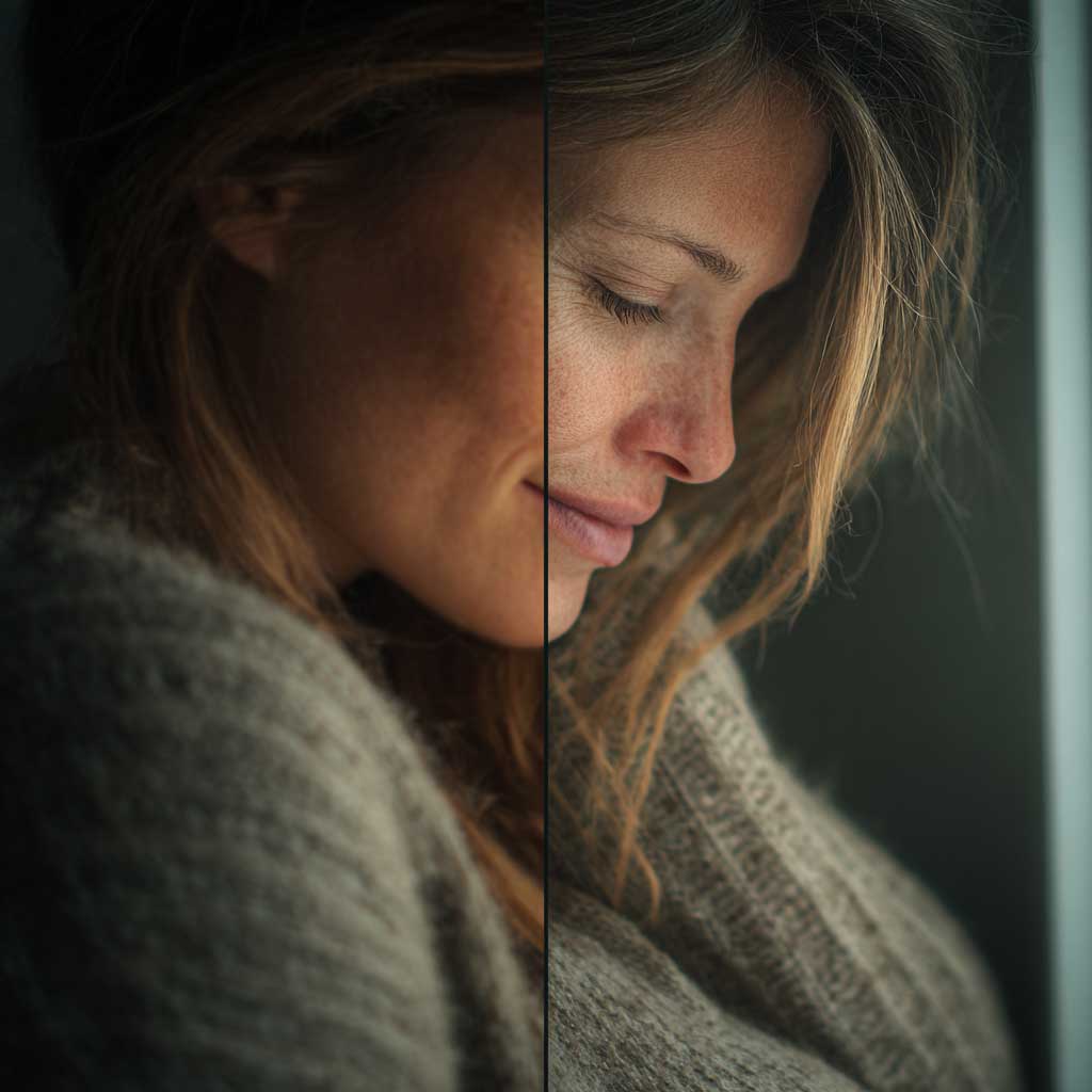 Vorher-Nachher-Vergleich eines Portraitfotos: links unscharf, rechts klar und detailliert nach KI-Bildoptimierung für den Leinwanddruck.